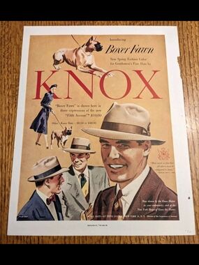 1950- Knox Boxer Fawn Gentleman's Fine Hats & Henderson Casual Magazine Ad